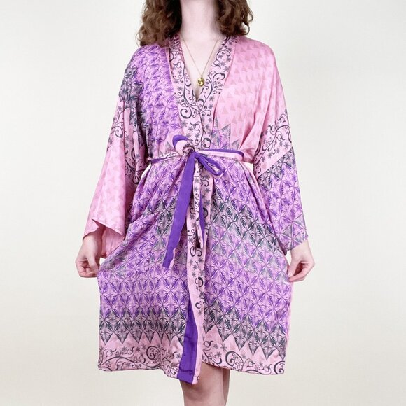 100% Silk Robe Kimono Duster Jacket Coat Cardigan Boho Hippie Bohemian Lounge - Picture 3 of 5